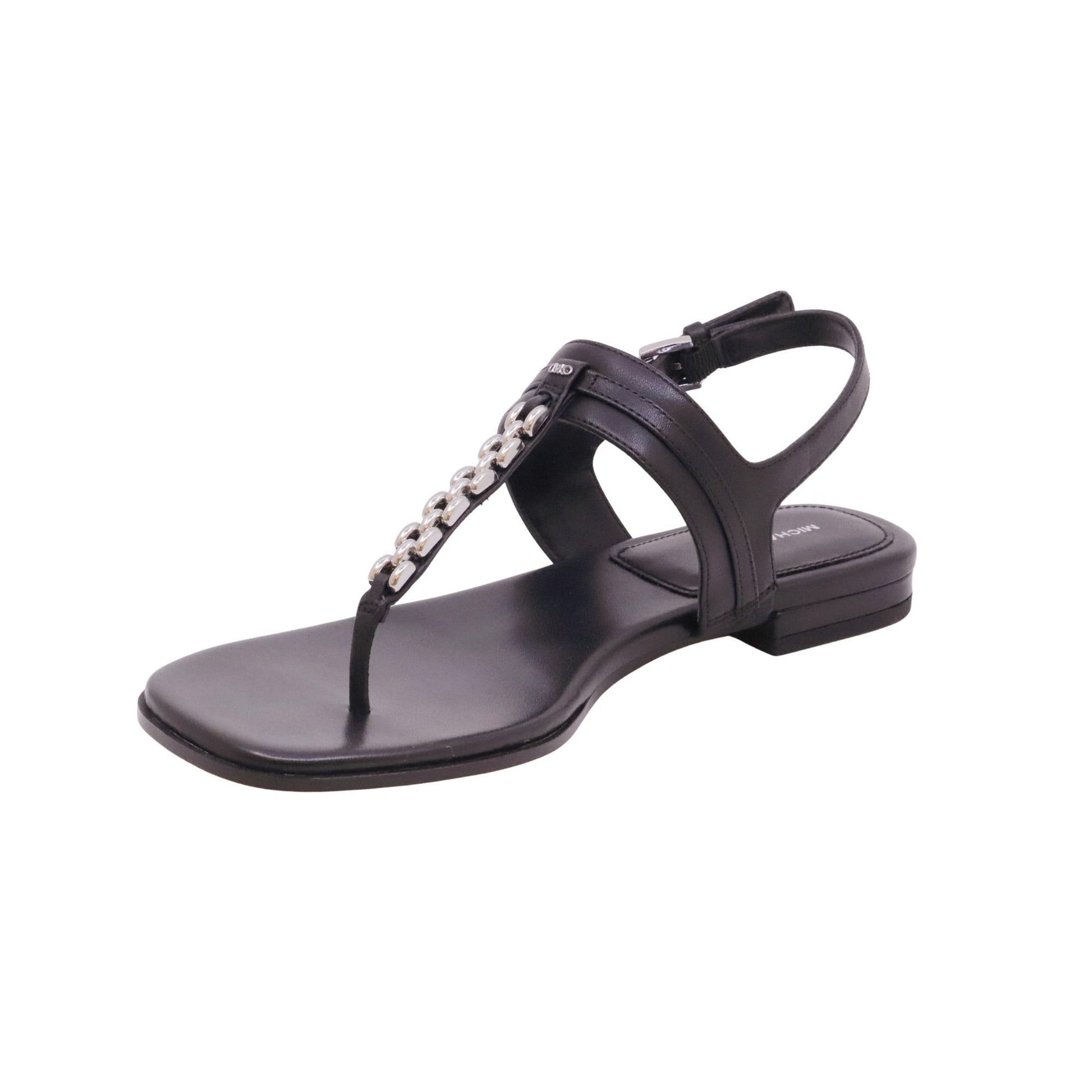Michael Kors Marcia Thong sandalo infradito donna in pelle nero con catena argento 