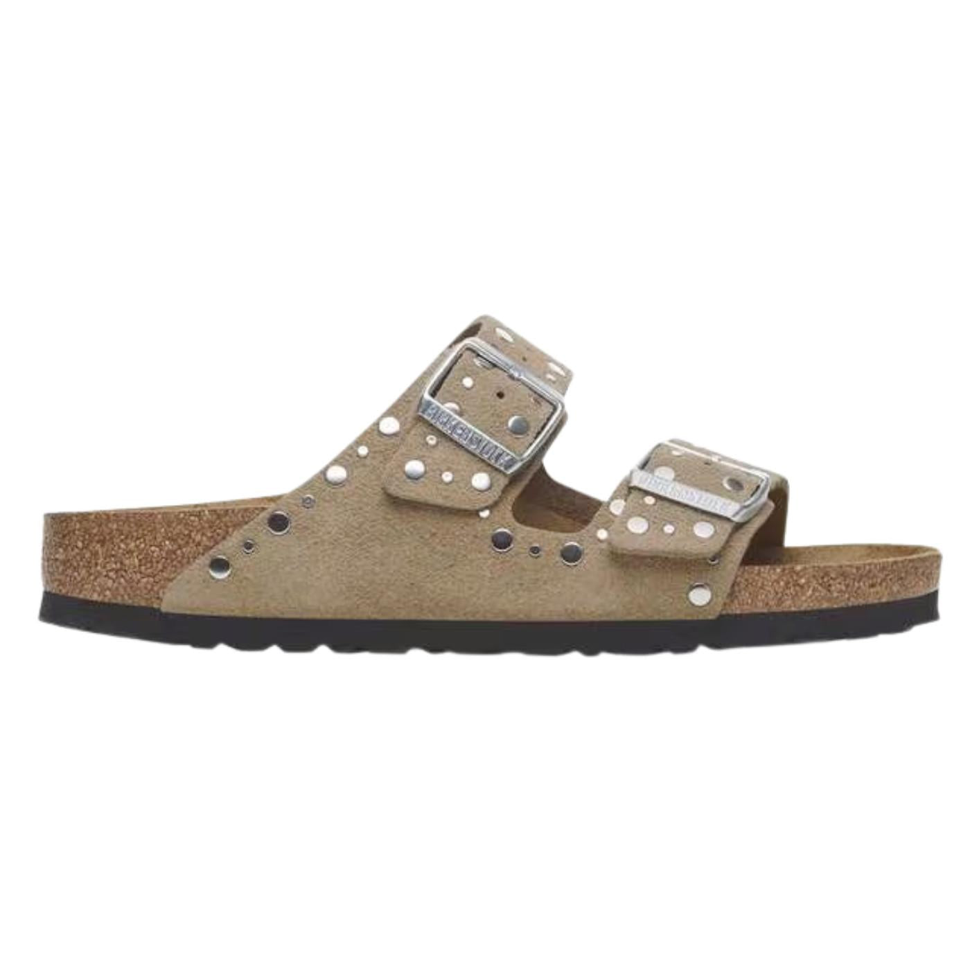 Birkenstock Arizona Rivet sandalo donna in camoscio taupe con doppia fibbia e borchie 