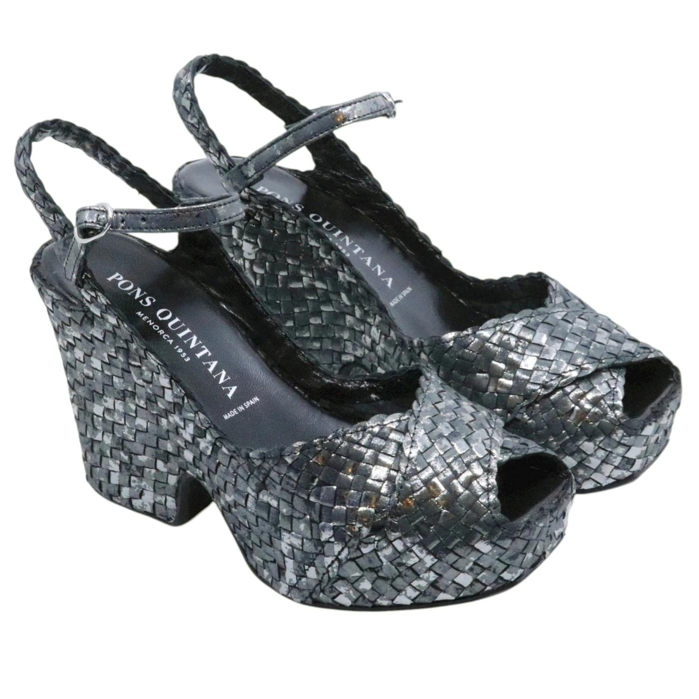 Pons Quintana Cali 11360 G09 sandalo donna in pelle intrecciata nera con plateau elegante 