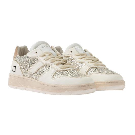 D.A.T.E. Court 2.0 Glitter C2-GL-PL sneaker donna in pelle bianco panna 