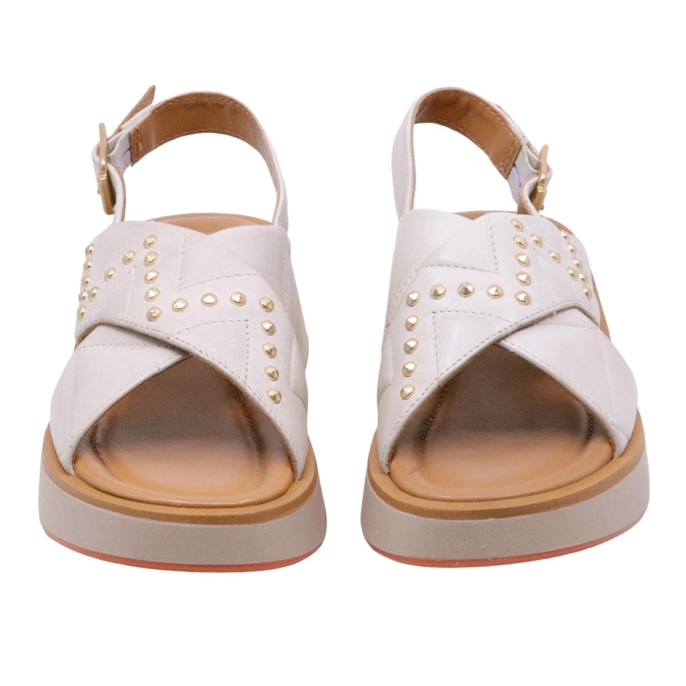 Sandalo zeppa Mjus T99002 in pelle latte con brochie oro 