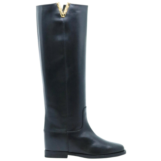 Via Roma 15 4055 Santa Monica stivale donna in pelle nera con V dorata 