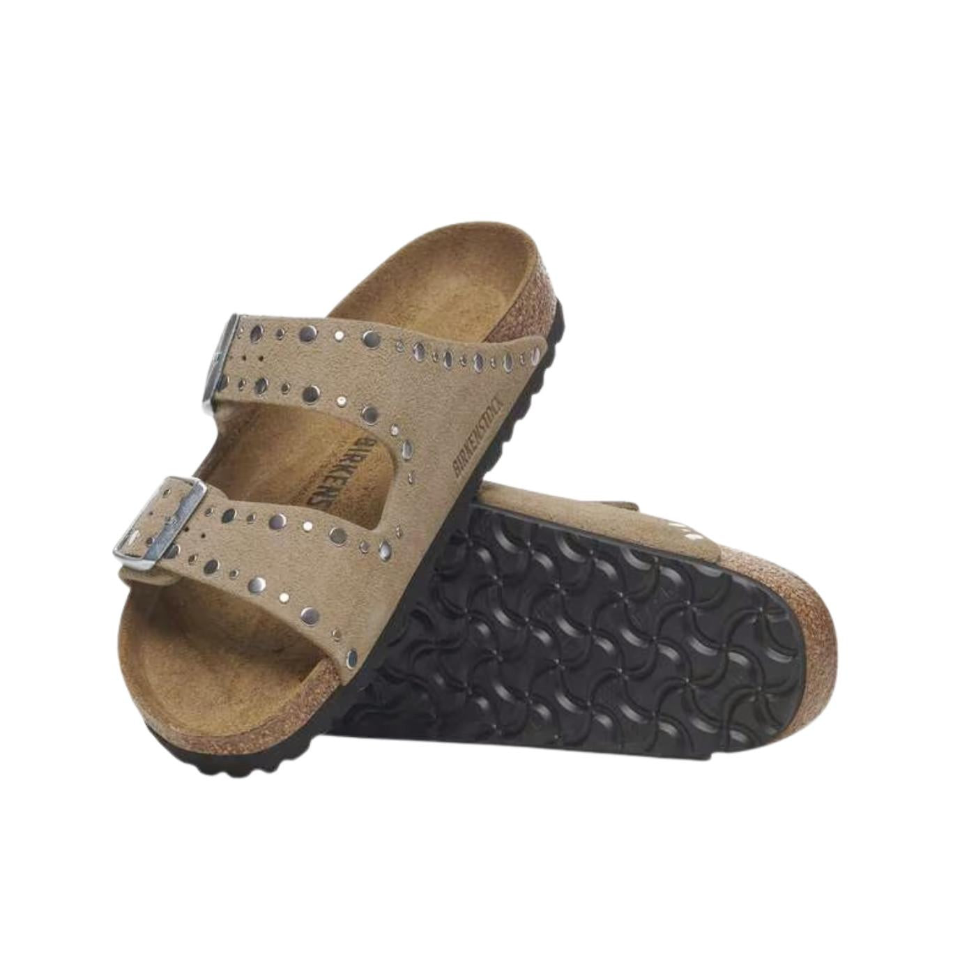Birkenstock Arizona Rivet sandalo donna in camoscio taupe con doppia fibbia e borchie 