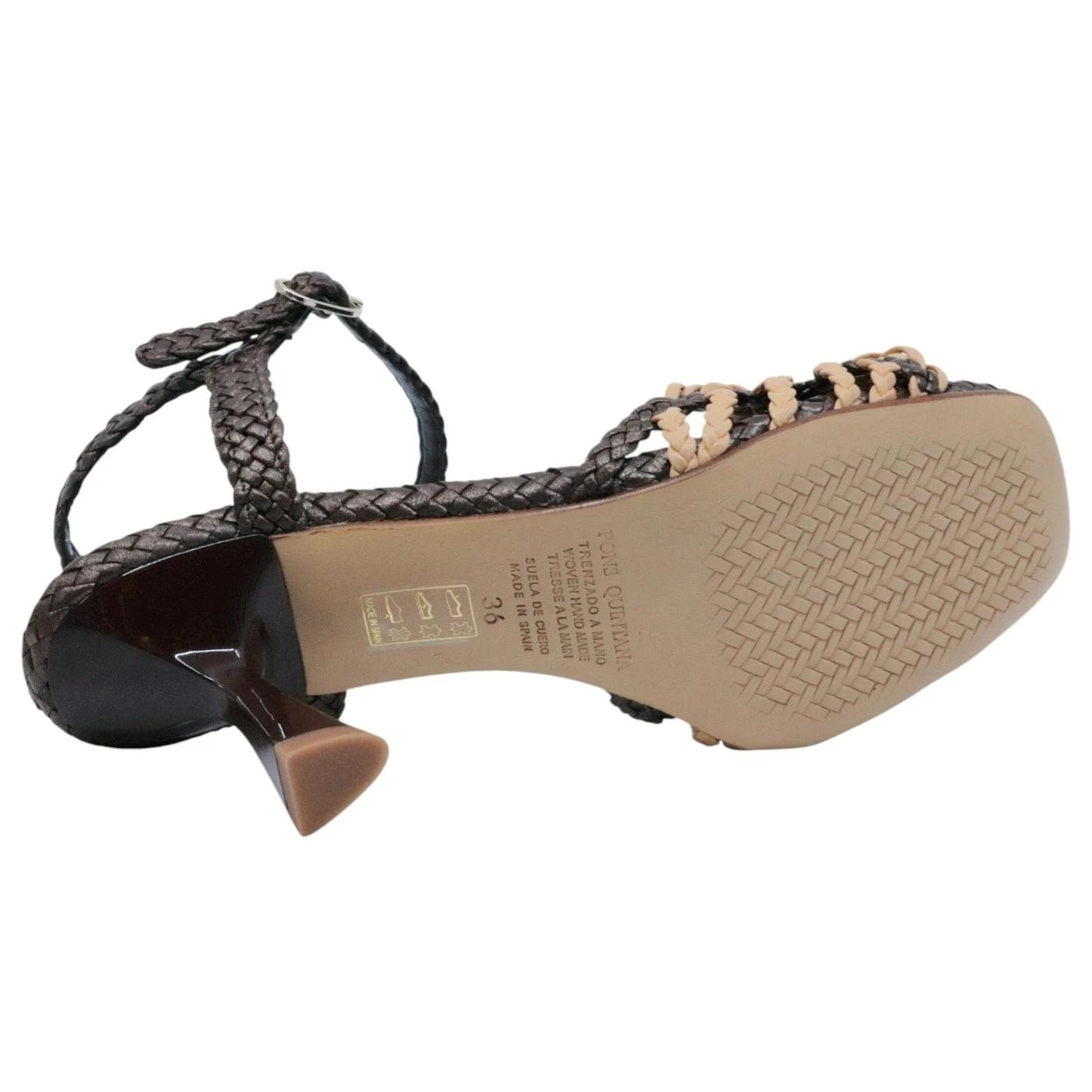 Pons Quintana Fiji 10867-9750 sandalo donna in pelle intrecciata marrone e beige con tacco elegante 