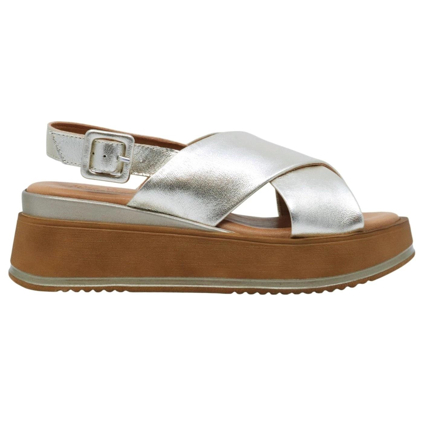 Sandalo con zeppa Mine Vaganti 3896 in pelle laminata platino 