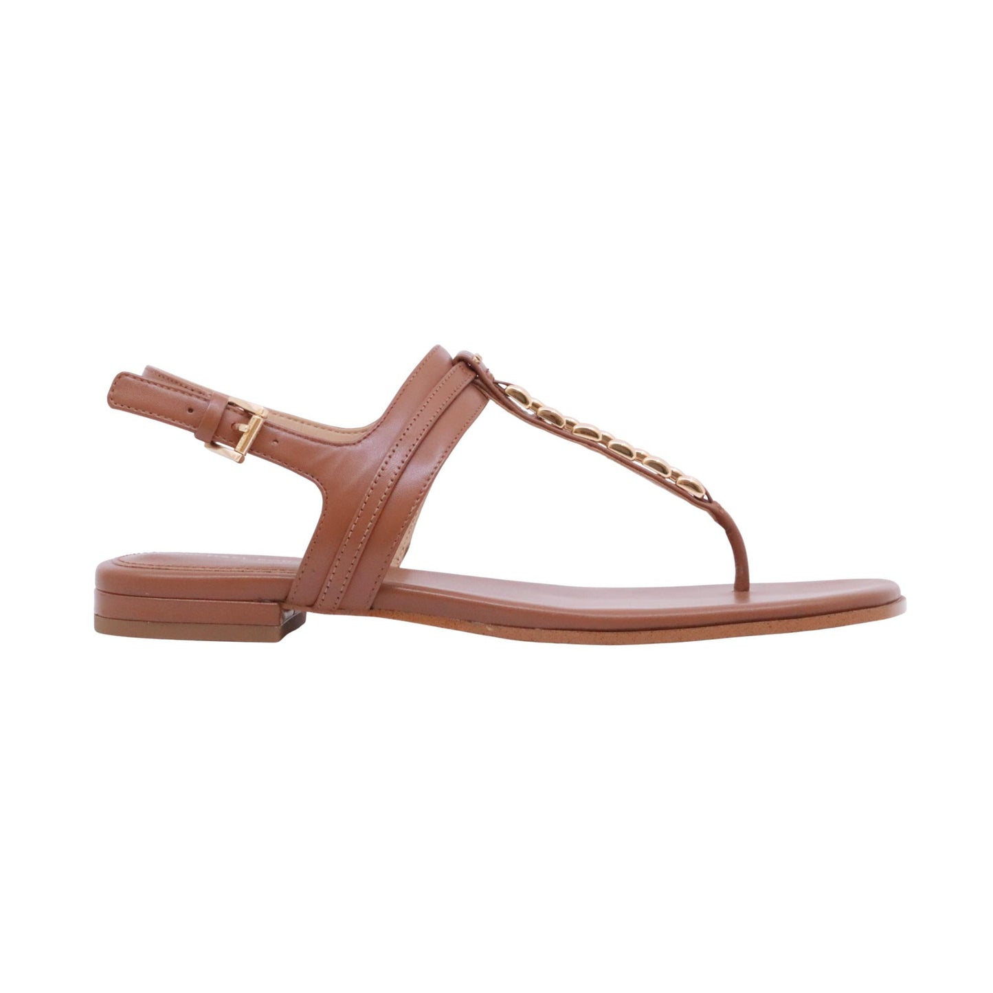 Michael Kors Marcia Thong sandalo infradito donna in pelle cuoio Luggage con catena oro 