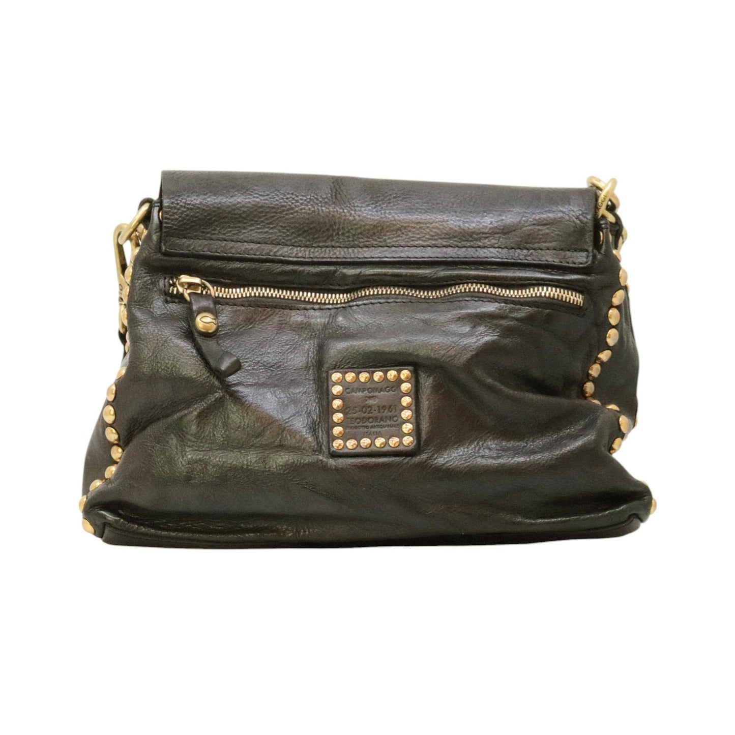 Campomaggi C042250 borsa tracolla donna in pelle grigia con sfumature marroni e borchie 