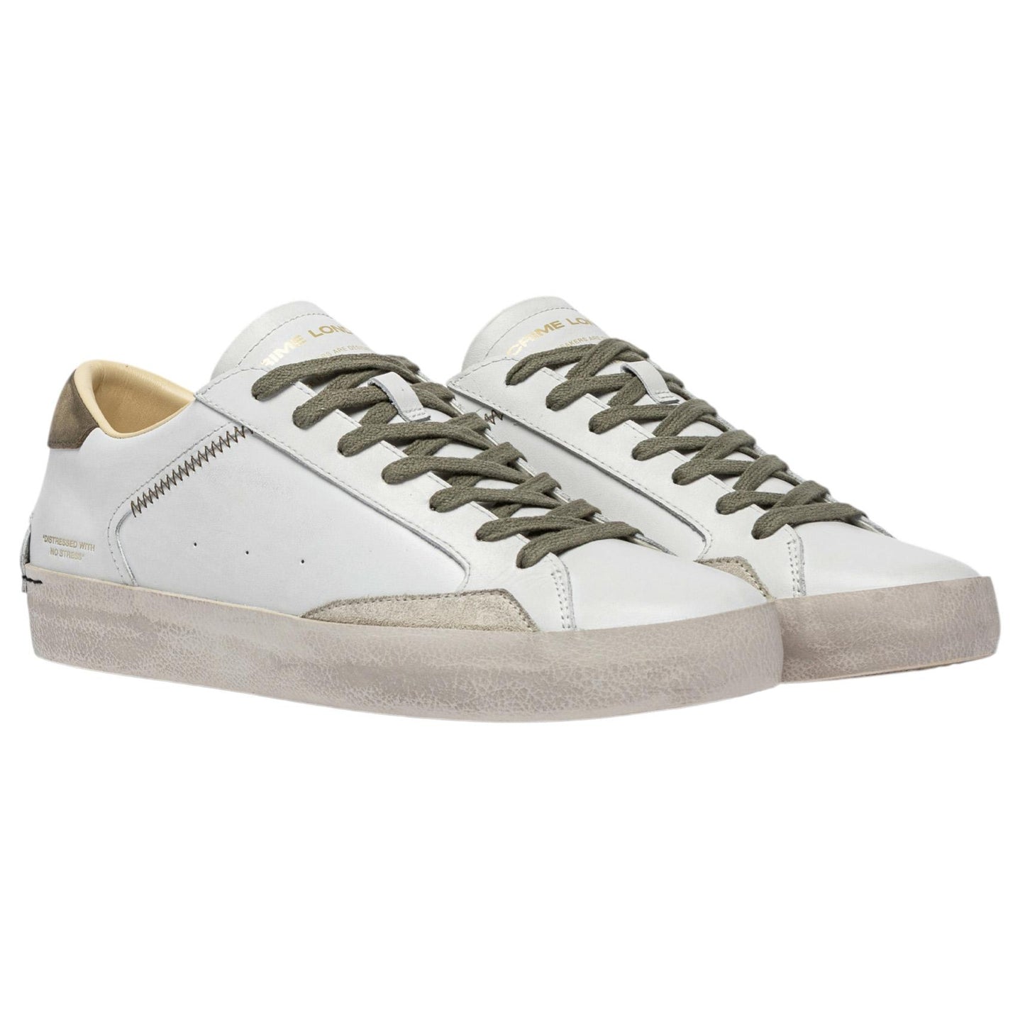 Sneaker uomo Crime London 14001 Distressed in pelle bianca e talloncino in pelle verde 