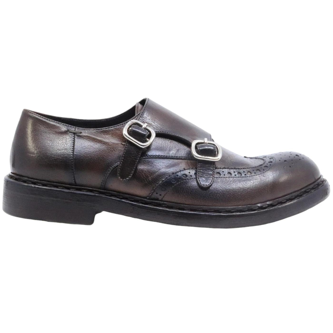 Scarpa uomo con doppia fibbia Crispiniano in pelle testa di moro 