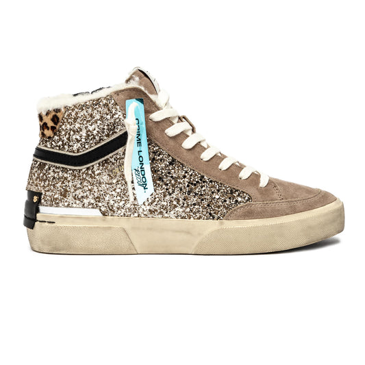 Crime London 25177 SK8 Recut High sneaker alta in suede e glitter beige 