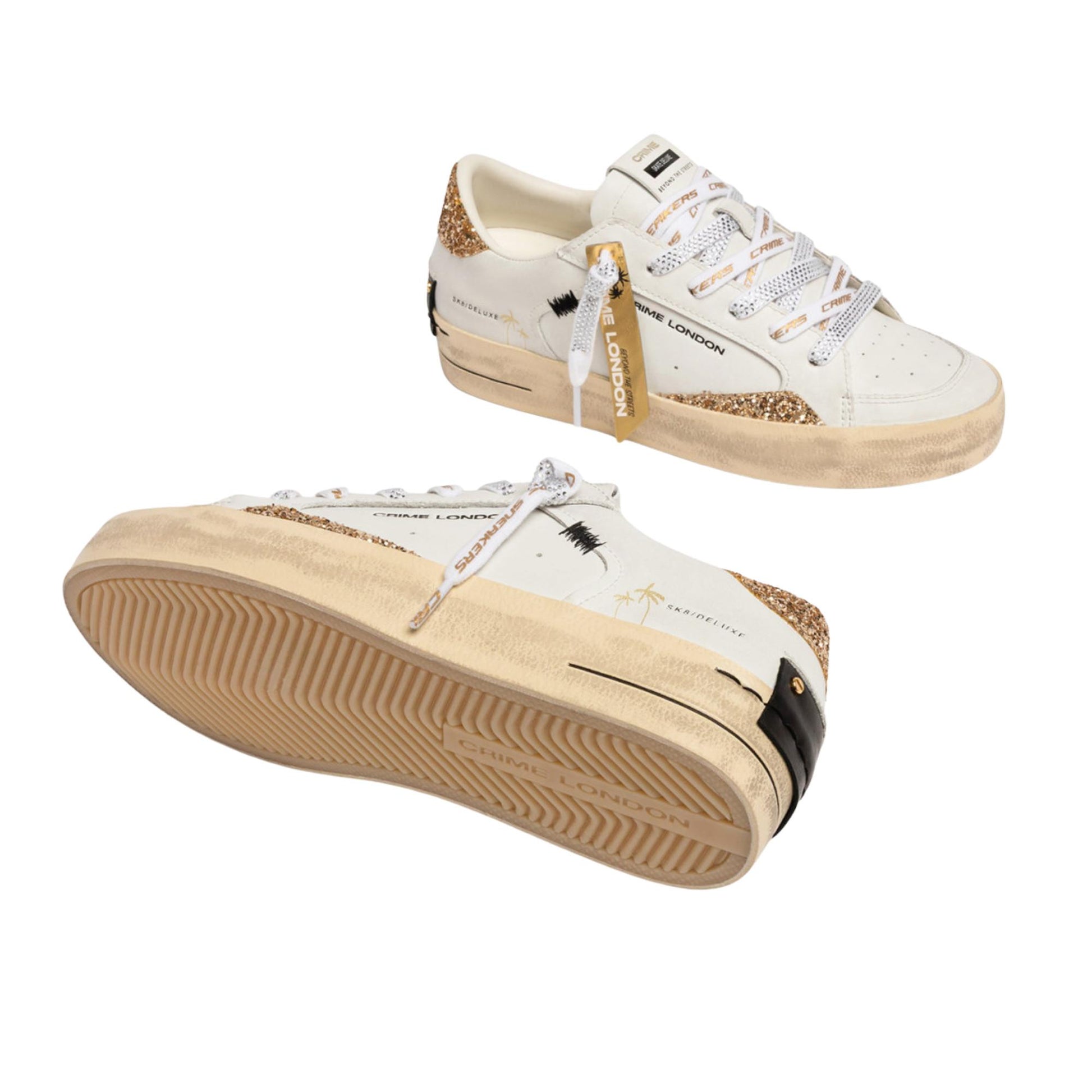 Crime London SK8 Deluxe Tequila Night 29102 sneaker donna in pelle bianca con glitter oro 
