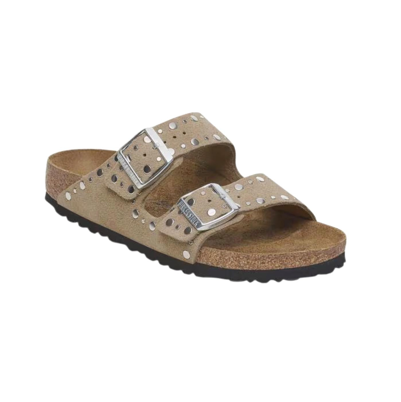 Birkenstock Arizona Rivet sandalo donna in camoscio taupe con doppia fibbia e borchie 