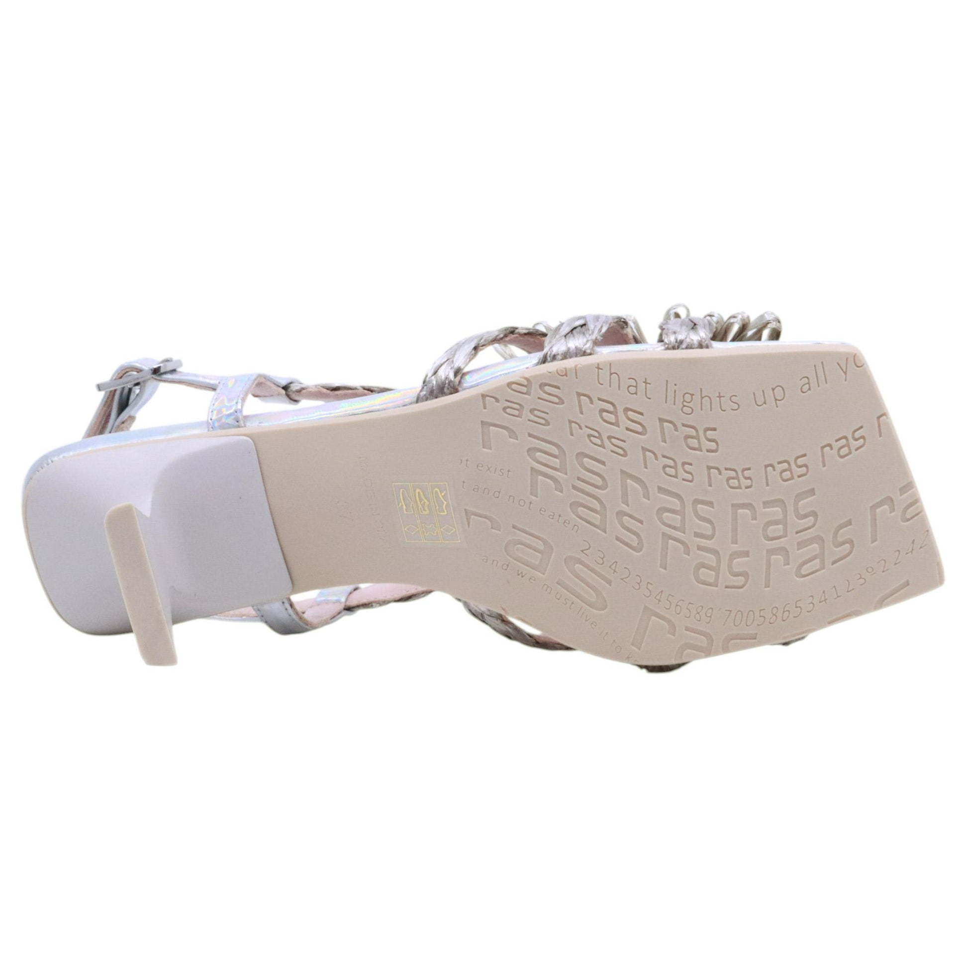 Ras 8152 Sandalo donna in pelle argento con fiore maxi in rafia 