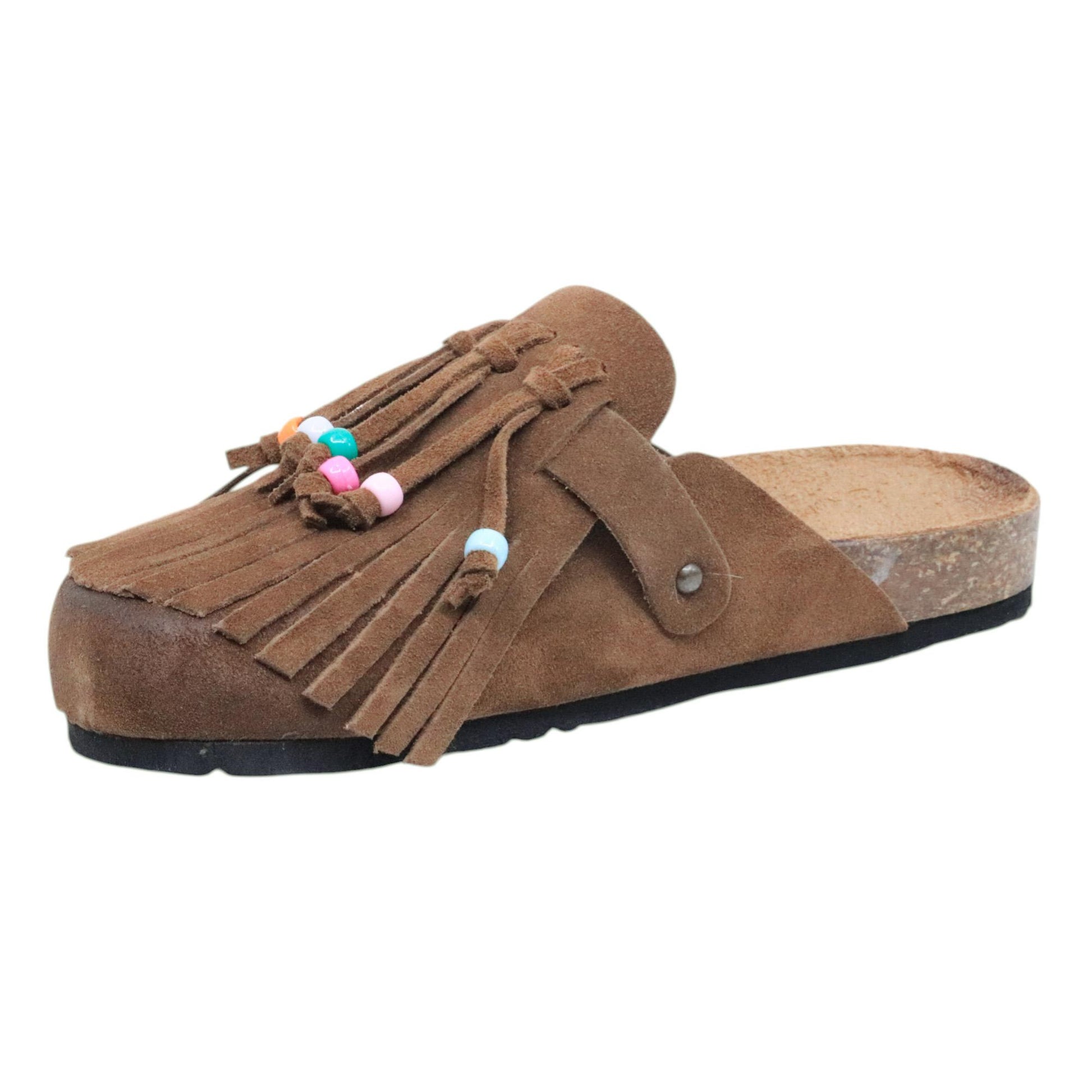 Sabot Ranye Noemi pelle scamosciata marrone con frange e perline 