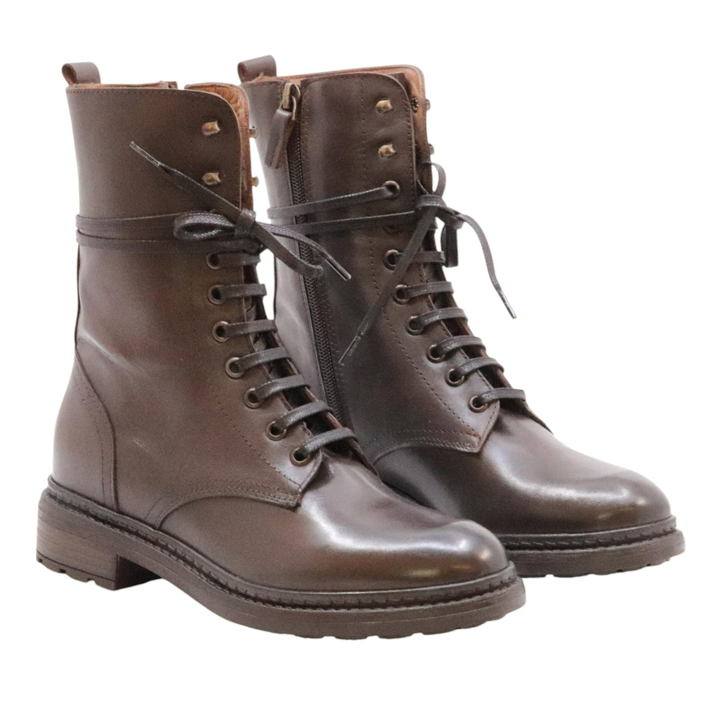 The Seller MW583 stivaletto donna in pelle marrone allacciato con zip laterale 