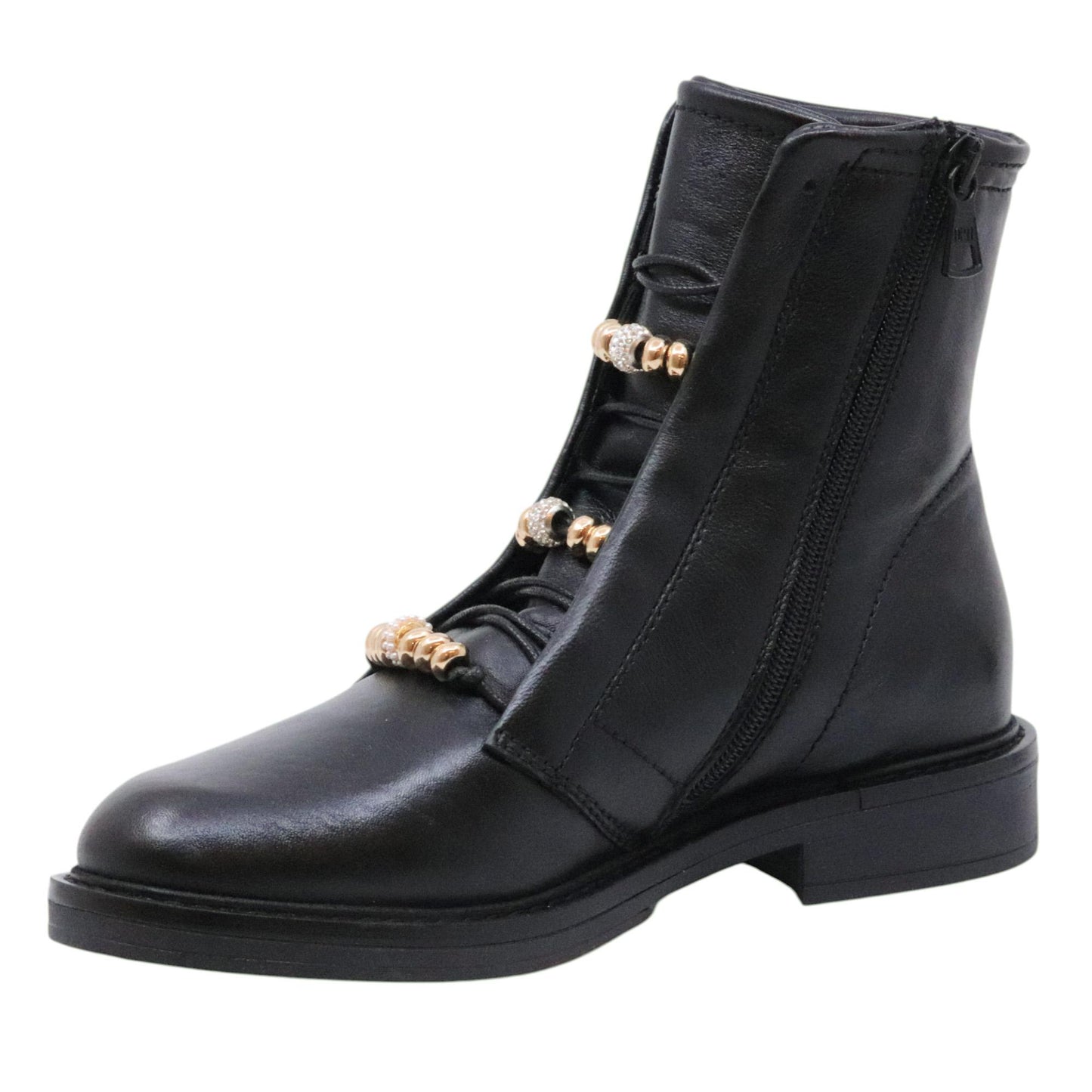 MJUS T81215 stivaletto donna in pelle nera con zip e accessorio gioiello 