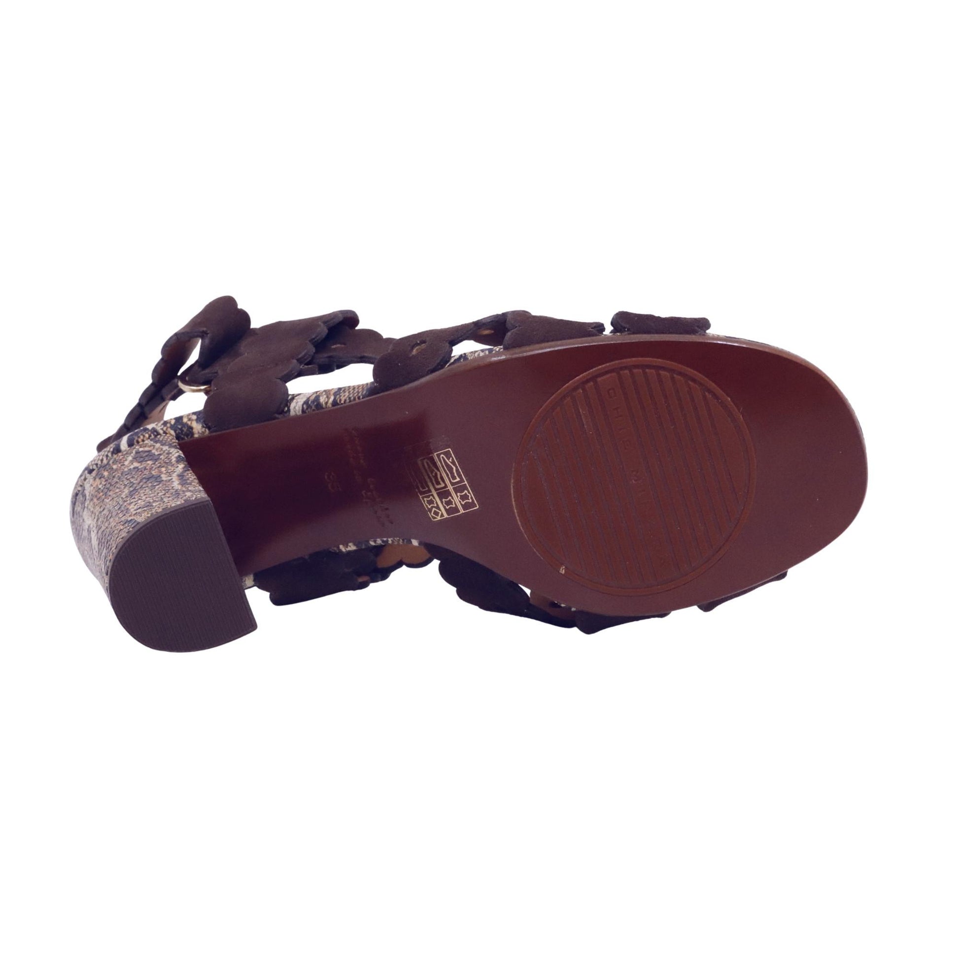 Chie Mihara Biby sandalo donna in camoscio marrone con tacco stampa serpente 