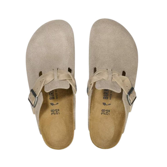 Birkenstock Boston Braided pelle scamosciata Taupe sabot co treccia narrow fit 
