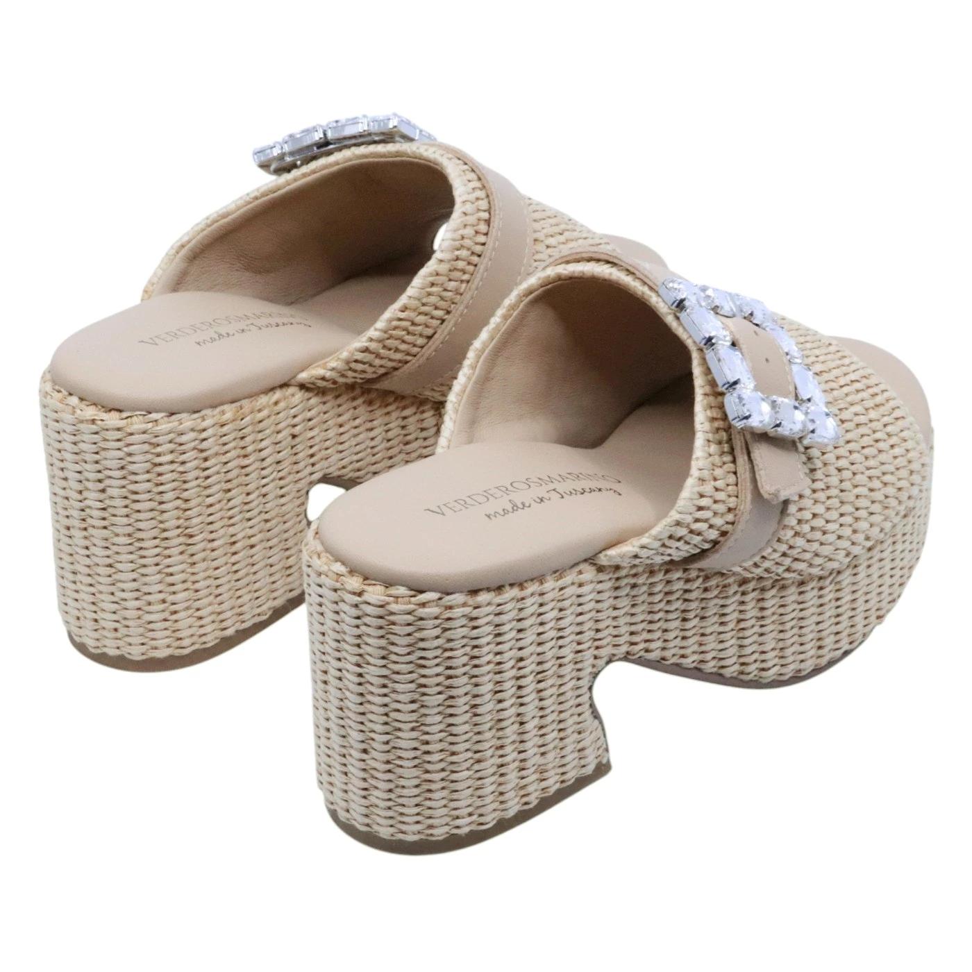 Verderosamarino 3987 sandalo con tacco in pelle beige e corda con accessorio 