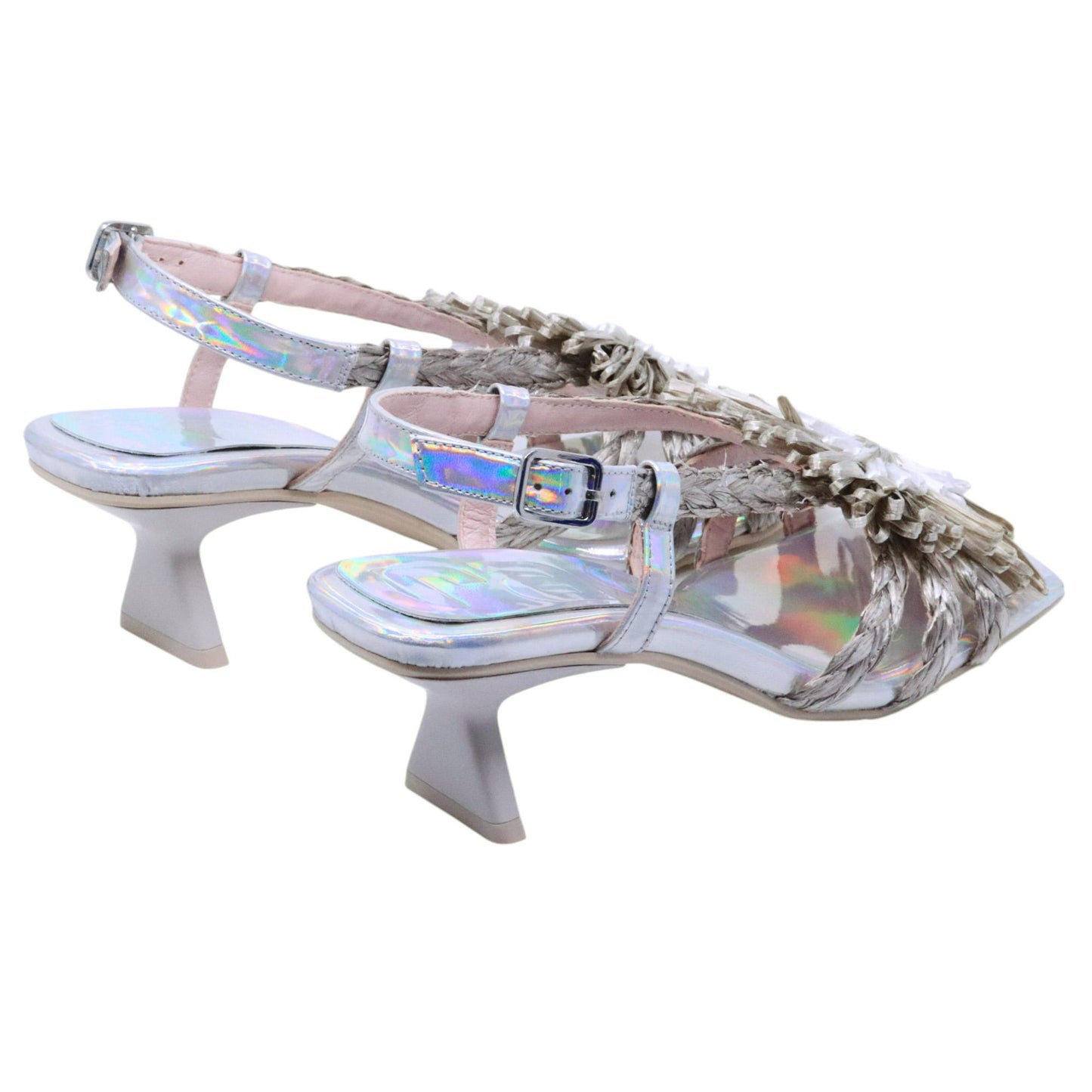 Ras 8152 Sandalo donna in pelle argento con fiore maxi in rafia 