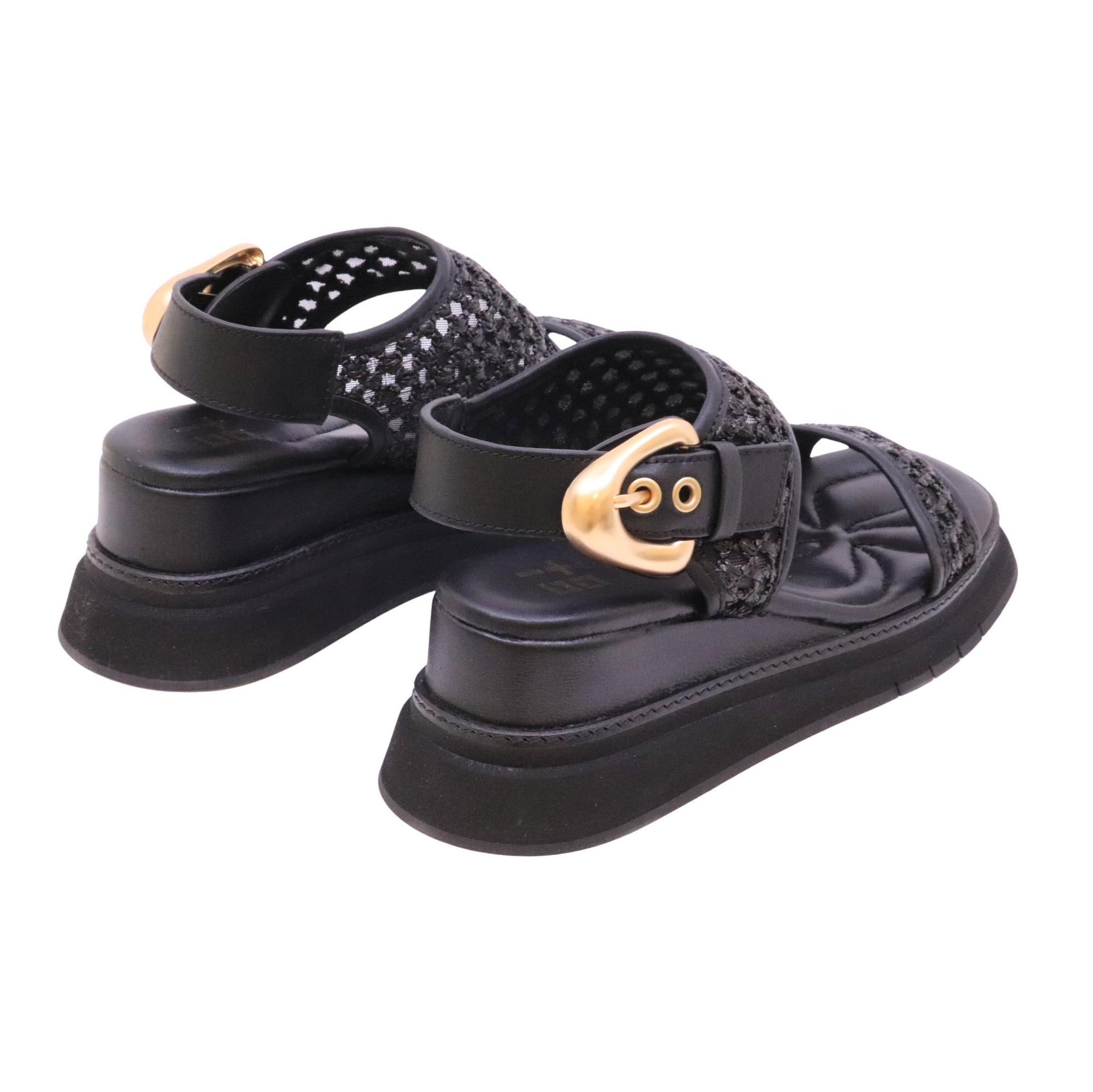 Gio+ Dafne 08C sandalo donna con zeppa in pelle e tessuto retato nero 