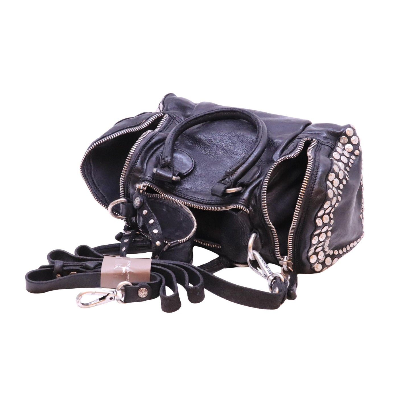 Campomaggi Britney C002780ND borsa bauletto in pelle nera con borchie 