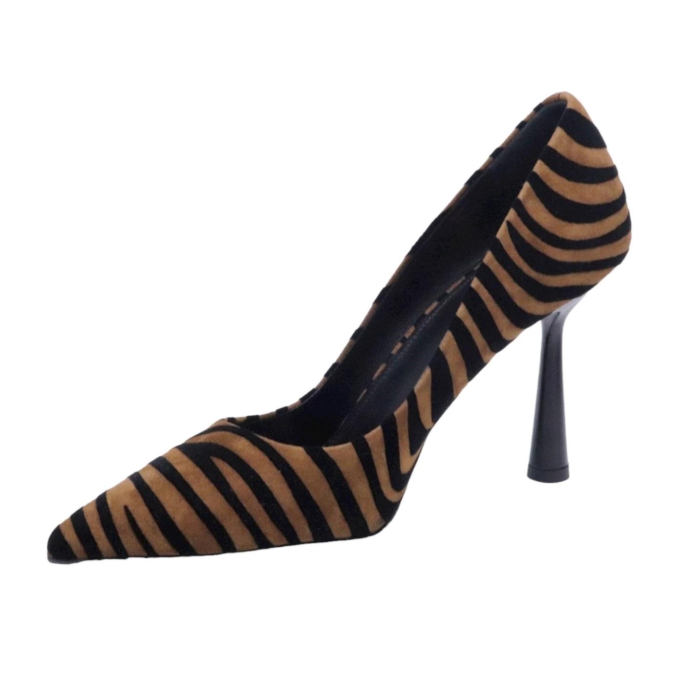 Décolleté donna Chantal 1962 1969 in camoscio effetto zebra di colore nero e marrone 