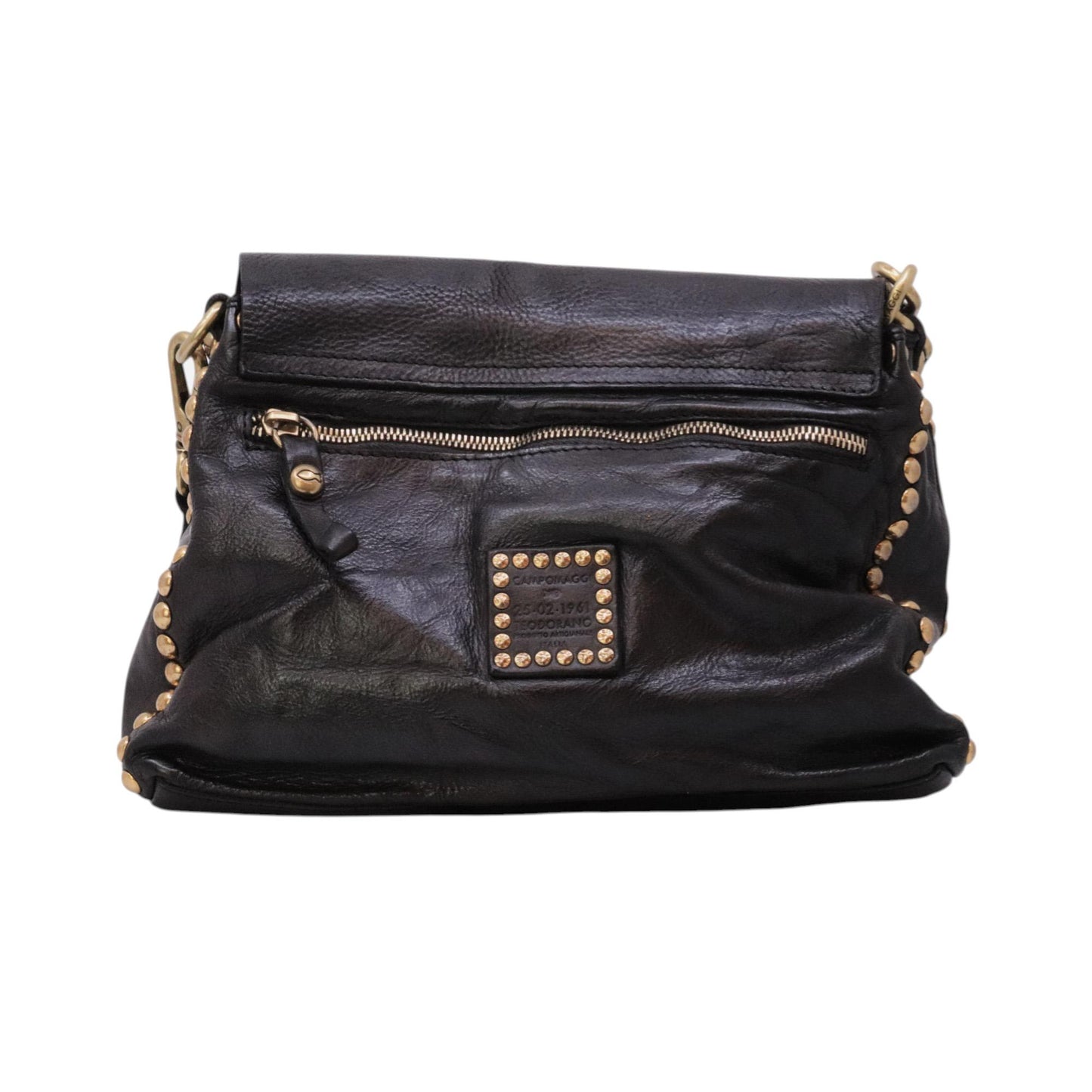 Campomaggi C042250 borsa tracolla donna in pelle nera con borchie 