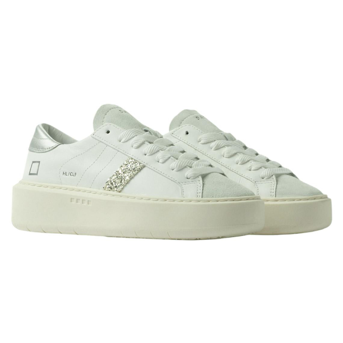 DATE Hill Low Platform Calf White Silver HP CA WS sneaker donna in pelle bianca 