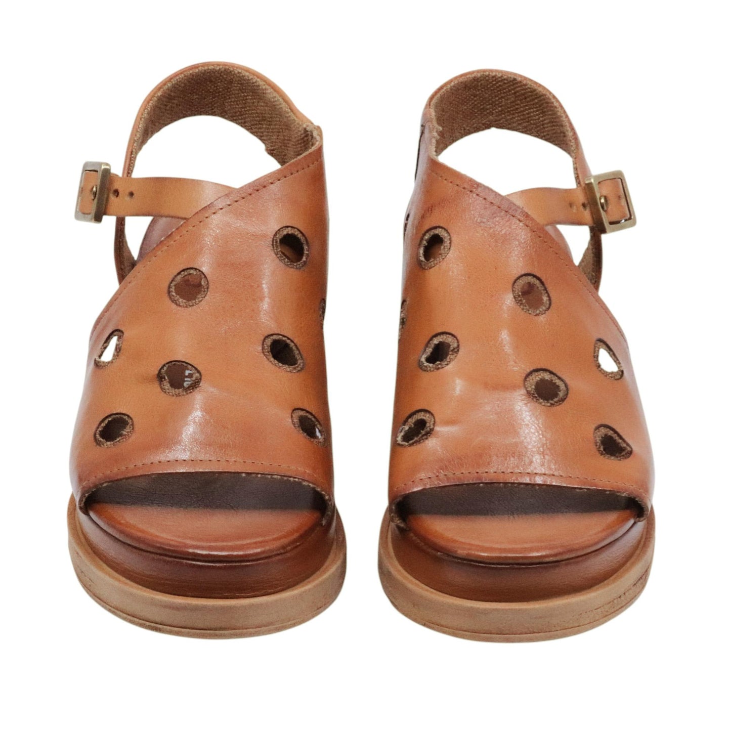 AS98 A15043 Calvados sandalo donna in pelle cuoio con zeppa casual artigianale 