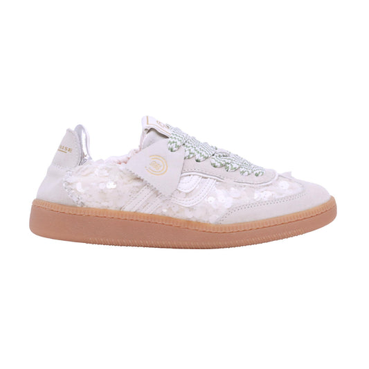 Primabase Borg 51501 sneaker donna in camoscio e tessuto con paillettes beige bianco e silver 