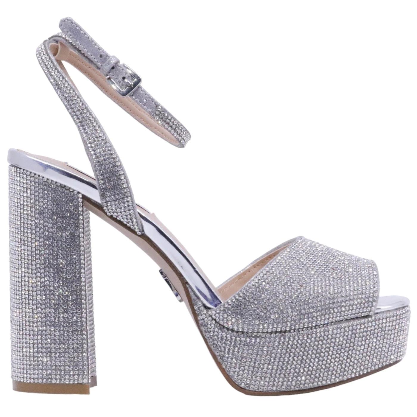 Sandalo con tacco Steve Madden Lourdes in similpelle e strass color argento 