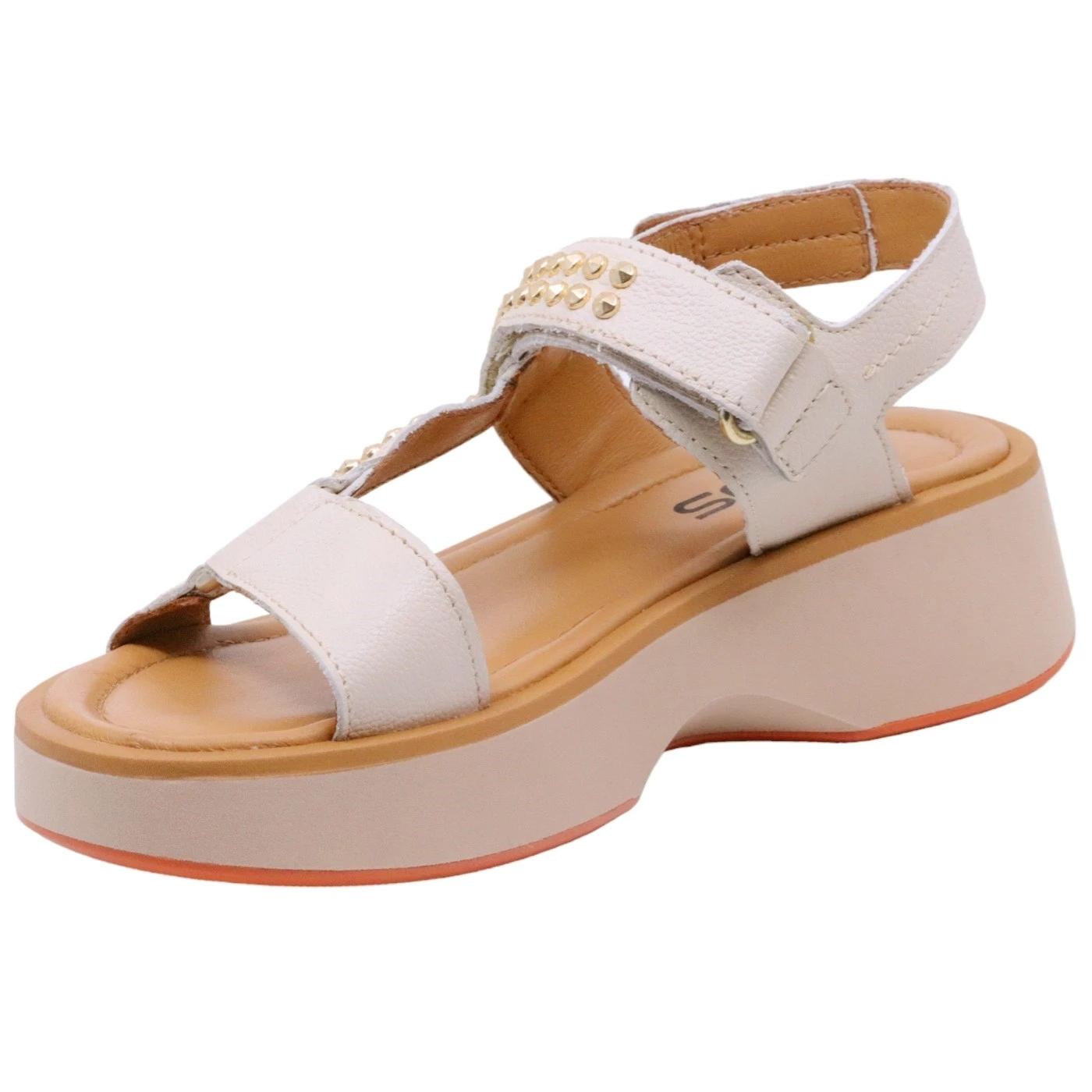 Sandalo zeppa Mjus T99004 in pelle latte con brochie oro 