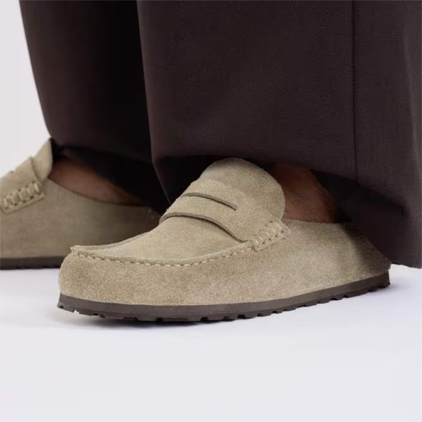 Birkenstock Naples Wrapped 1029710 sabot uomo donna in camoscio taupe stile mocassino narrow fit 