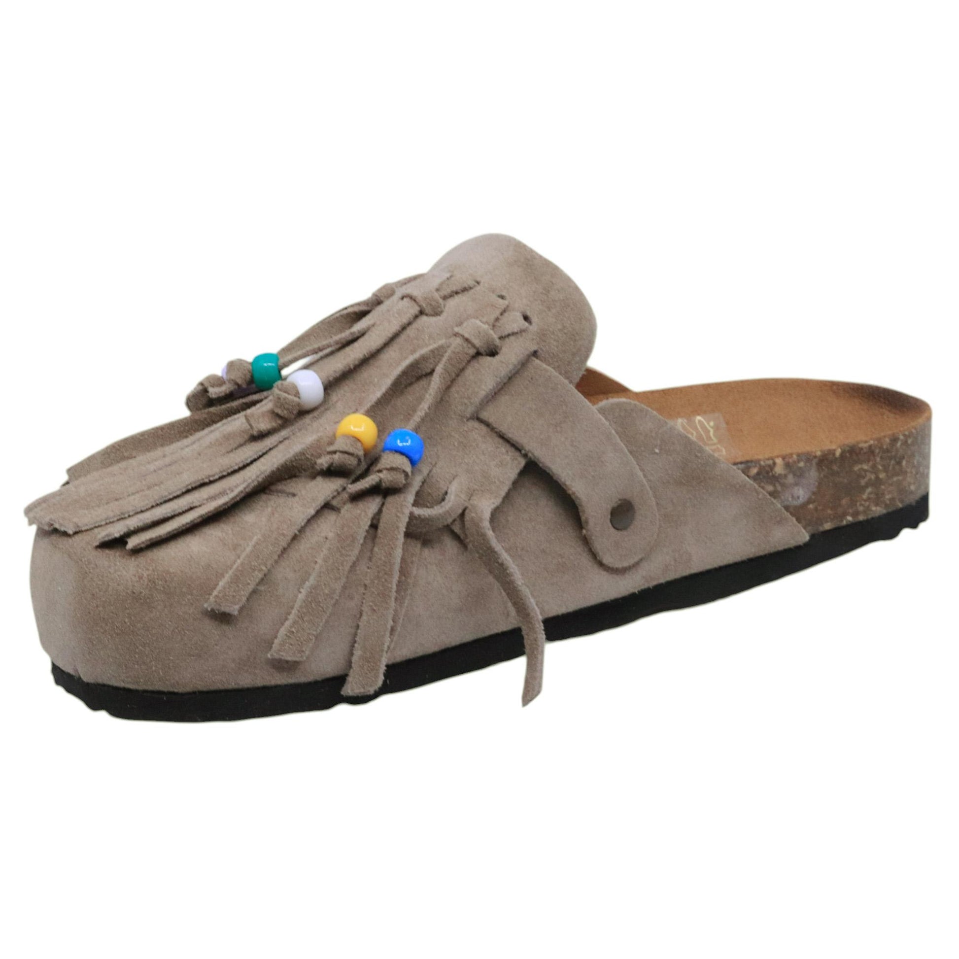 Sabot Ranye Noemi pelle scamosciata taupe con frange e perline 