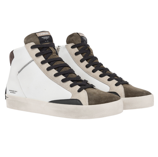 Crime London 15051 Distressed High sneaker uomo in pelle bianca e linguetta in camoscio verde 