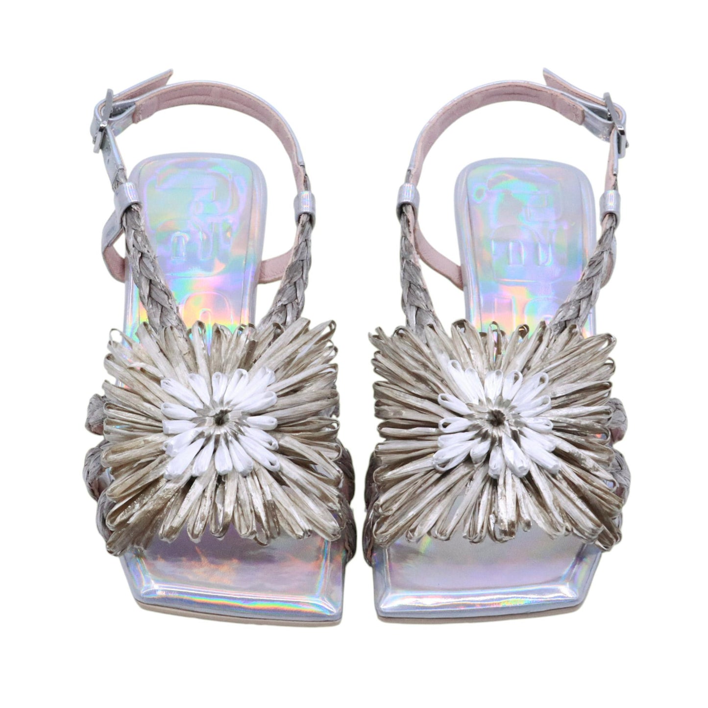Ras 8152 Sandalo donna in pelle argento con fiore maxi in rafia 