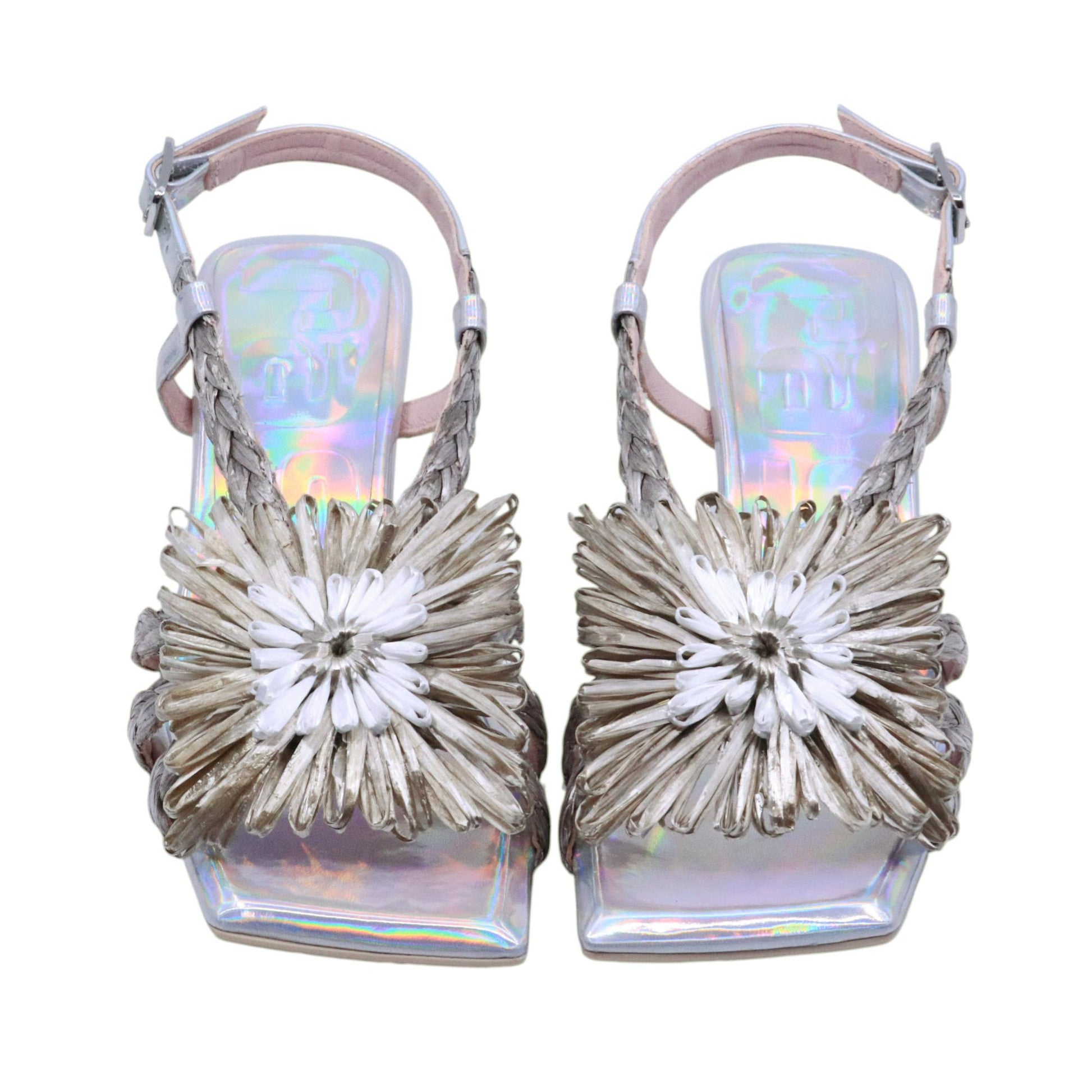 Ras 8152 Sandalo donna in pelle argento con fiore maxi in rafia 