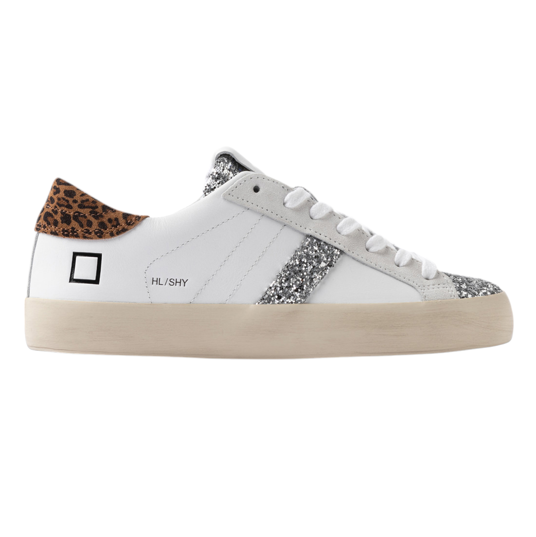 DATE Hill Low Shiny White Leopard HL SH WD sneaker donna in pelle bianca con dettaglio talloncino in leopardo 