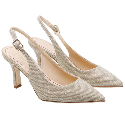 Slingback donna Le Briella Z827 in elegante pelle e tessuto di color platino 