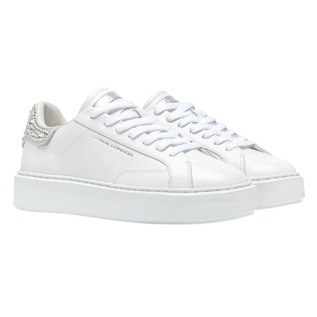 Sneaker donna Crime London New Extralight 20801 in pelle bianca e talloncino con strass argento 