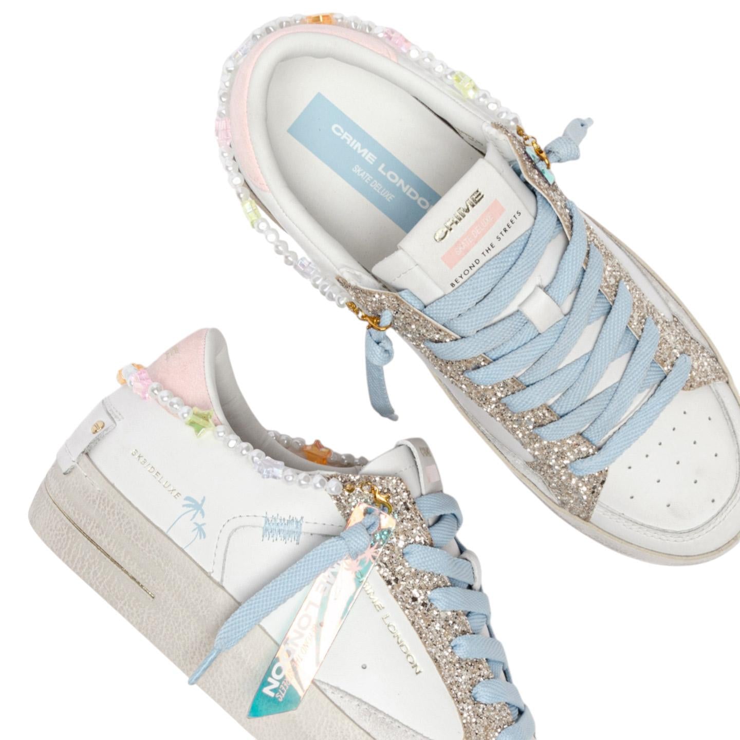 Sneaker donna Crime London Sk8 Deluxe 20103 in pelle bianca e glitter platino 