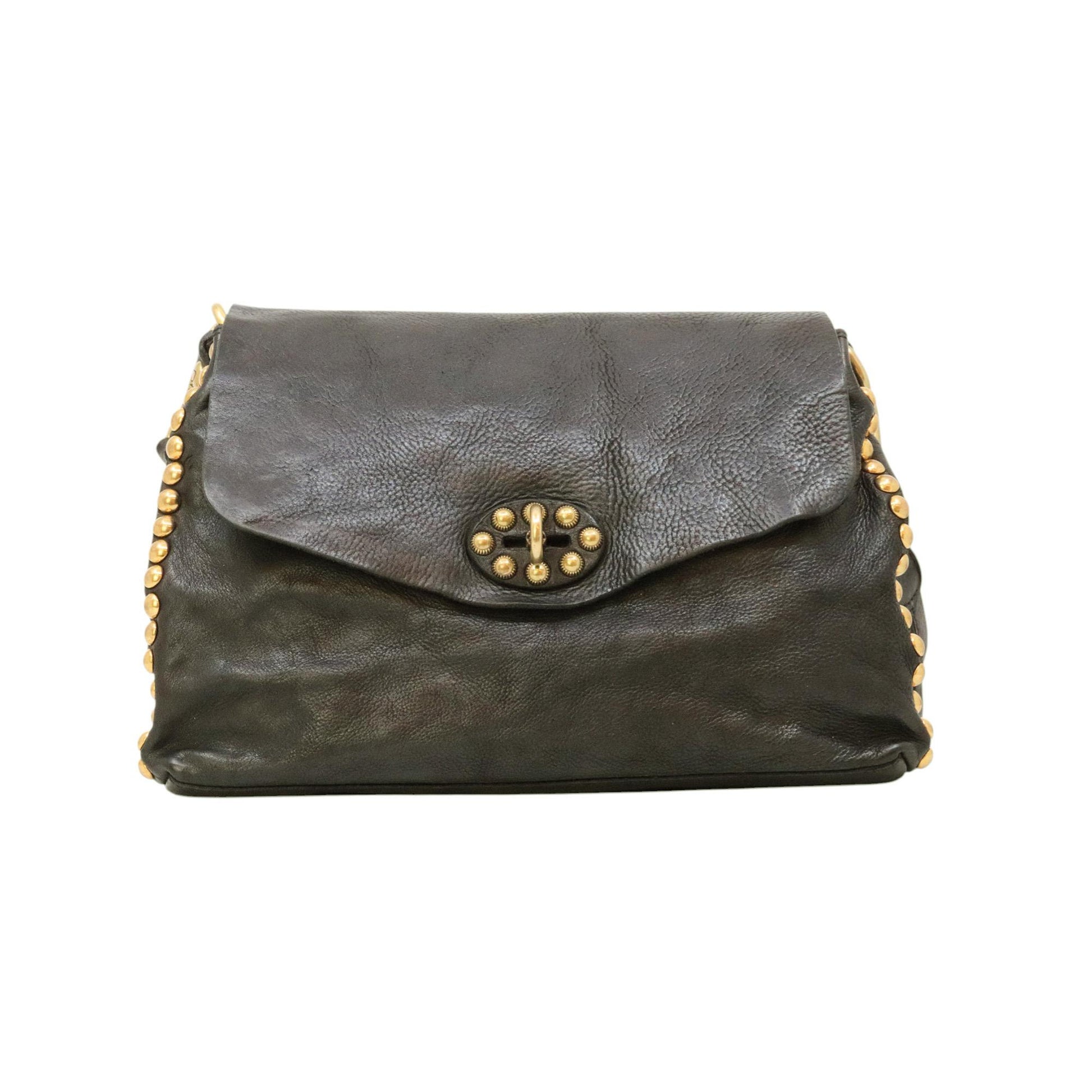 Campomaggi C042250 borsa tracolla donna in pelle grigia con sfumature marroni e borchie 