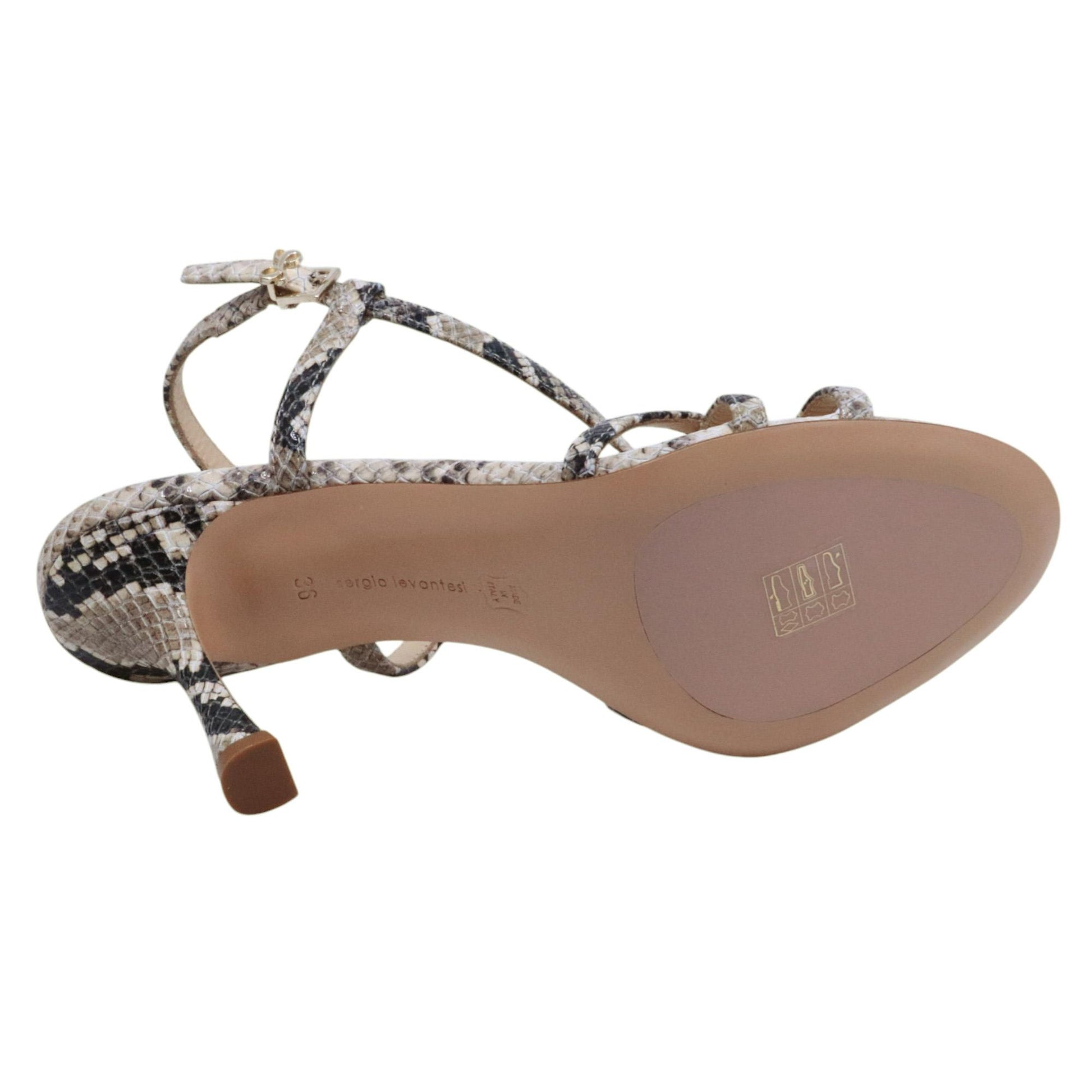 Sandalo con tacco Sergio Levantesi Heide in pelle stampa serpente beige sabbia 