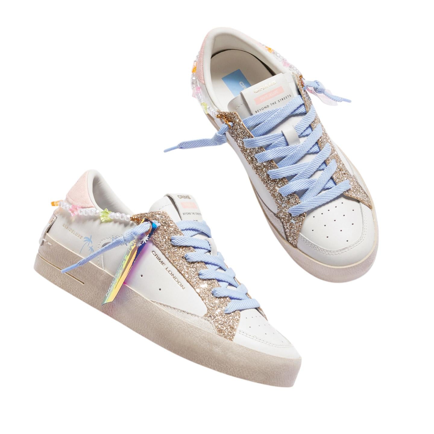 Sneaker donna Crime London Sk8 Deluxe 20103 in pelle bianca e glitter platino 