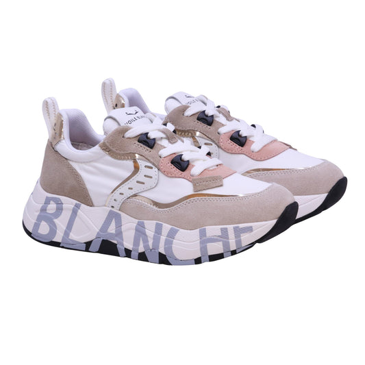 Voile Blanche CLUB105 sneaker donna in suede e nylon bianco e sabbia con dettagli platino 