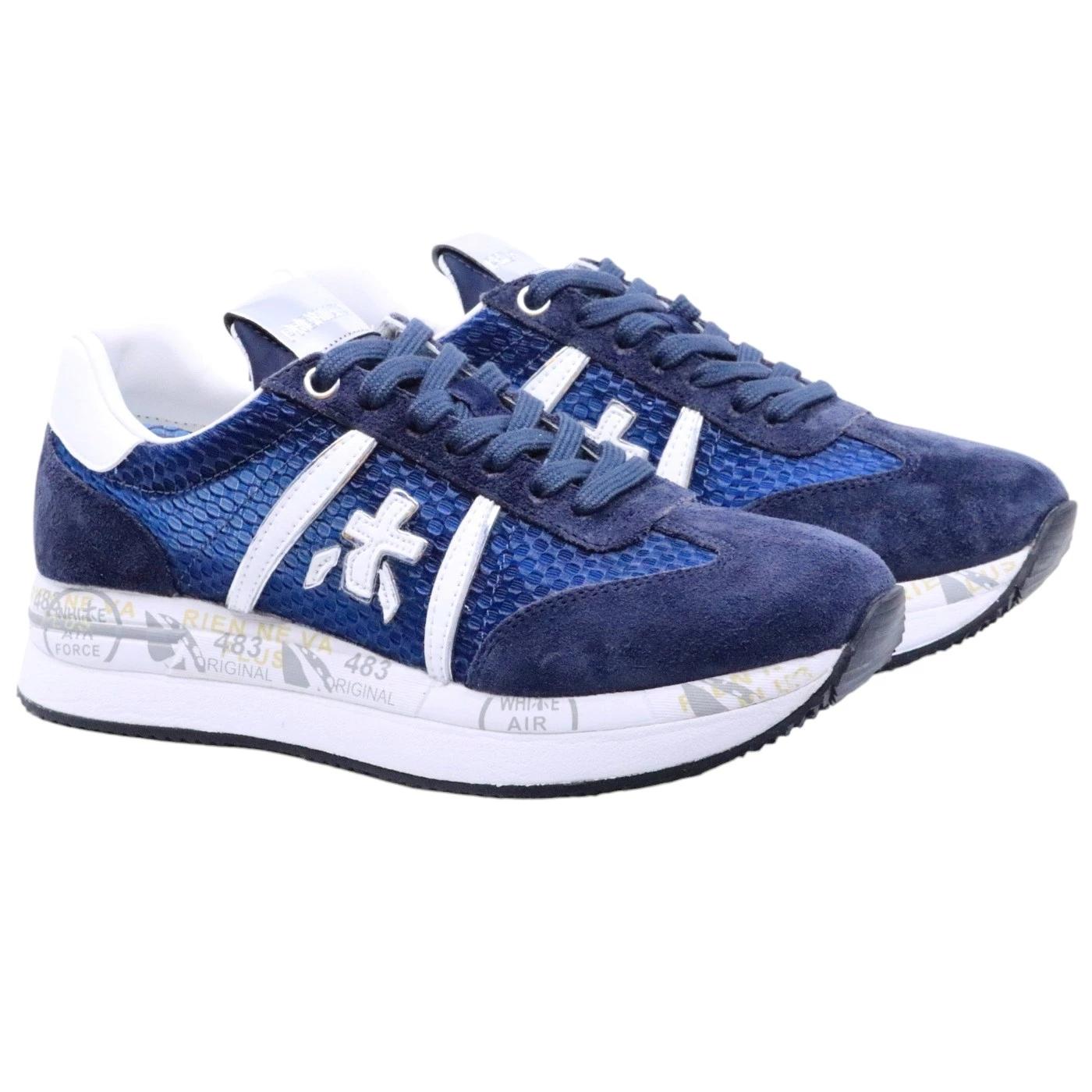 Premiata Conny 7368 sneaker donna in tessuto retato blu e camoscio 