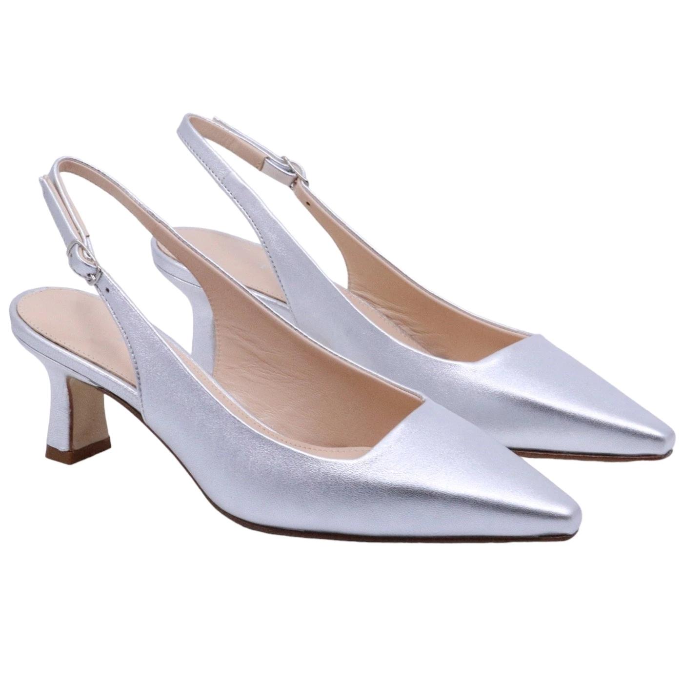 Slingback donna The Seller EN808 in pelle nappata color bianco effetto argentato 