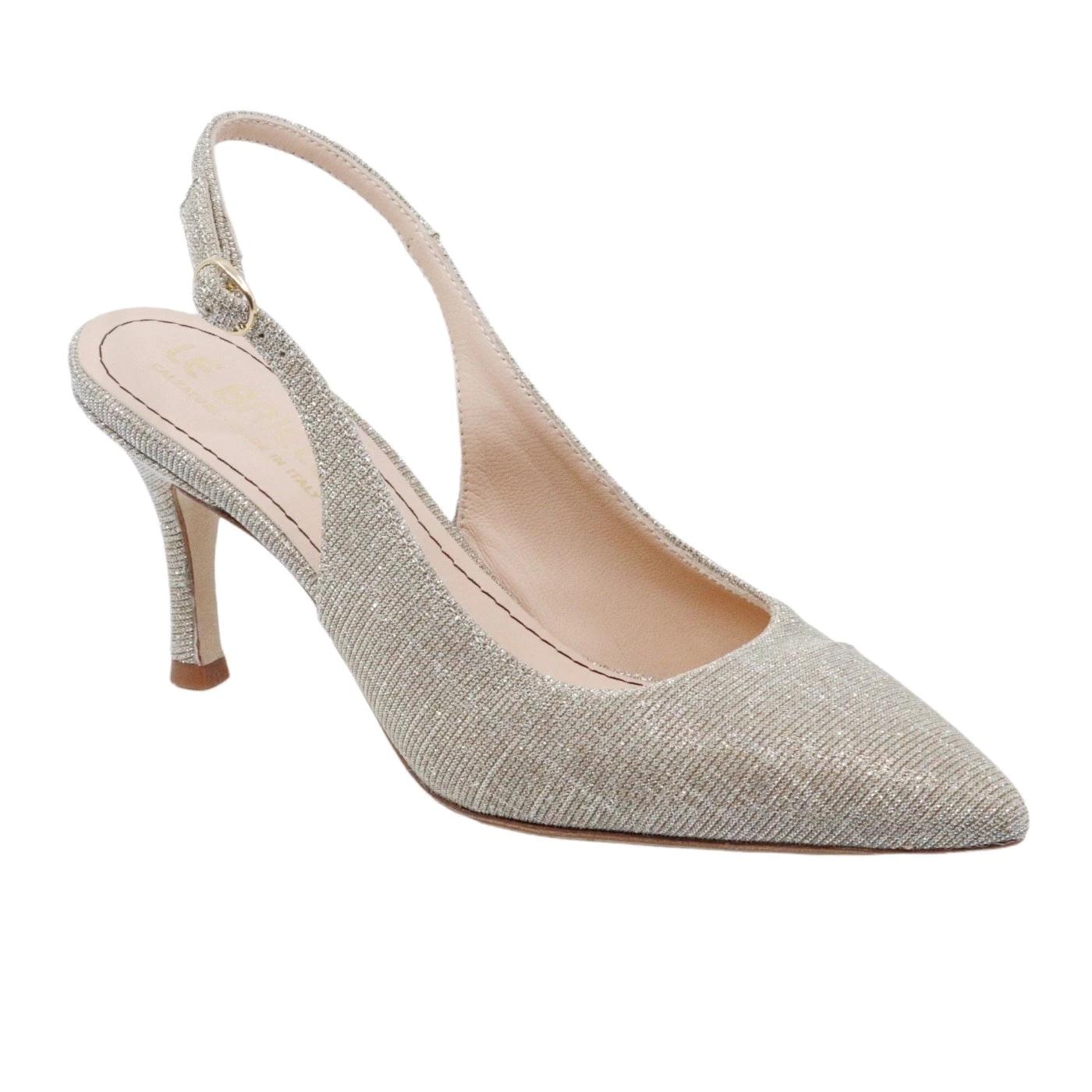 Slingback donna Le Briella Z827 in elegante pelle e tessuto di color platino 