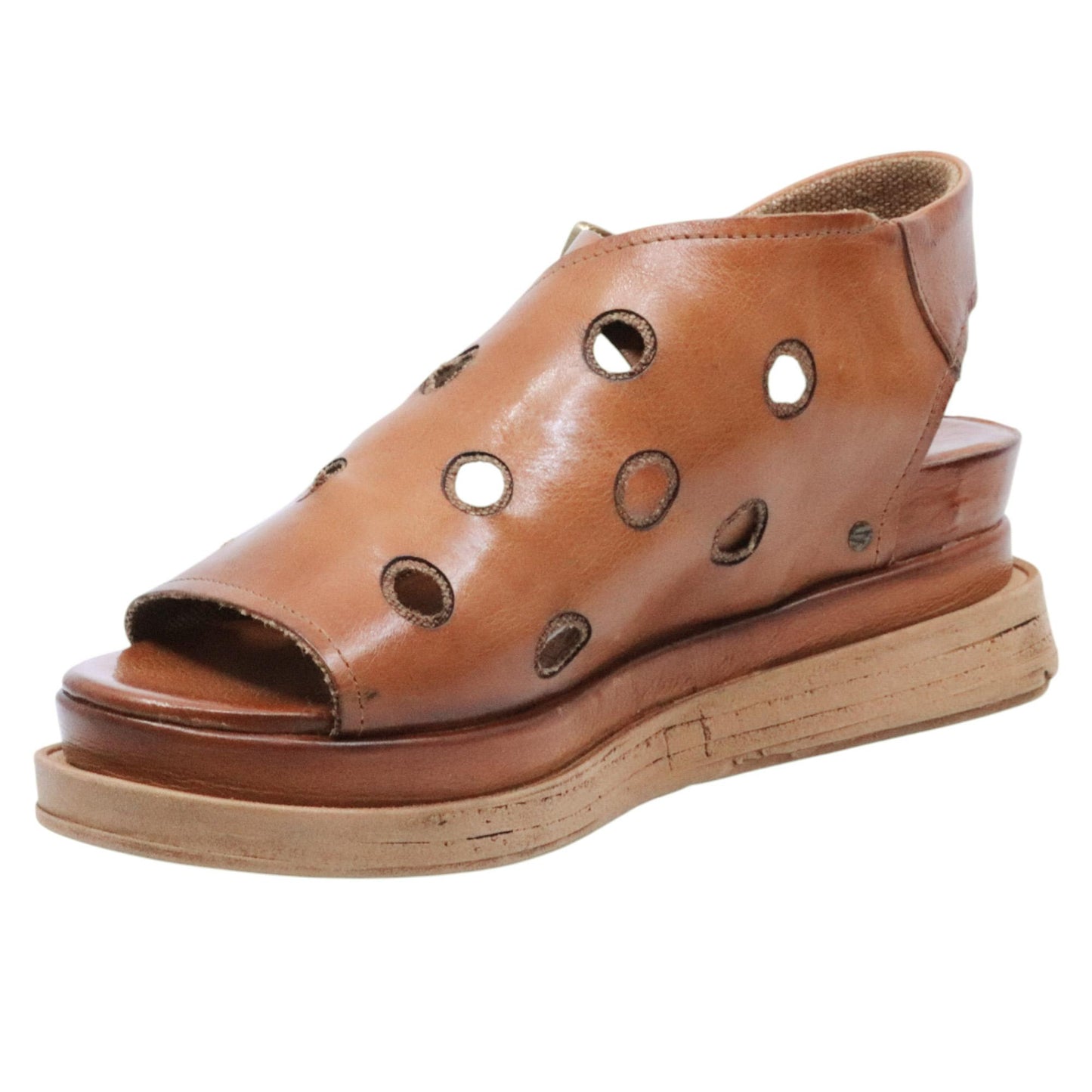 AS98 A15043 Calvados sandalo donna in pelle cuoio con zeppa casual artigianale 